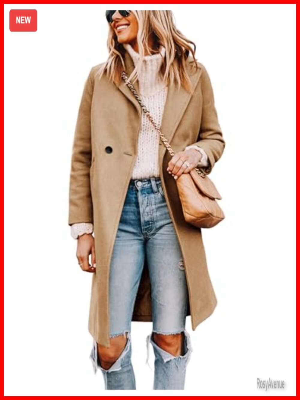 Wool Blend Pea Coat Long Sleeve Notch Collar Knee Length Winter Coat